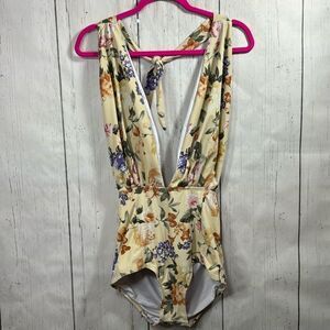 Cocoship Retro Floral Backless Deep V Neck High Waist Womens One Piece Swimsuit